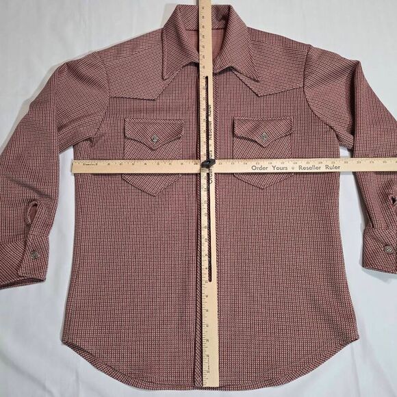 VINTAGE MENS MEDIUM 60'S 70'S POLY HEAVY LS SHIRT WING COLLAR PLAID GRAY SALMON - Picture 7 of 8